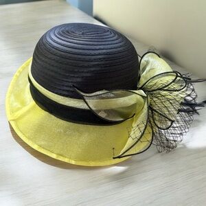 Forbusite Lemon Yellow Feather adorned ladies Kentucky Derby hat fancy old money